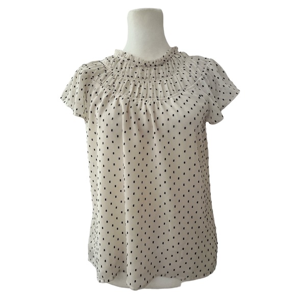 LOFT Tops - Loft Polka Dot Smocked Mock Neck Cap Sleeves Button Up Back Keyhole Size X-Small
